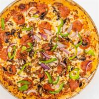 Supreme Pizza · topped with tomato sauce, peperonni, italian sauge,green pepper,onion and mushrooms.