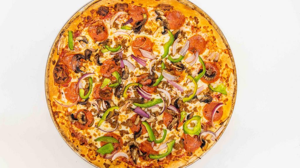 Supreme Pizza · topped with tomato sauce, peperonni, italian sauge,green pepper,onion and mushrooms.