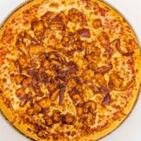 Bbq Chicken Pizza · Topped with BBQ sauce, mozzarella, red onion and chicken breast.