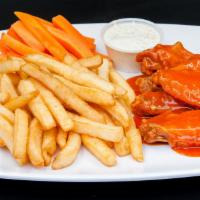 Hot Wings · 6 pieces deep fry chicken wings tossed with your favorite sauce served with fries,carrots an...
