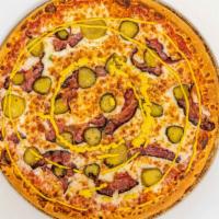 Pastrami Pizza · topped with tomato sauce, mozzarella, pastrami, pickles and mustard sauce on top.
