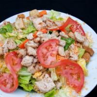 Chicken Salad · fresh lettuce, tomato, cruttons, chicken breast and cheeddar cheese sprinkle.