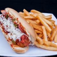 Meatball Sandwich · Meatball marinara sauce topped with mozzarella cheese and served with french fries.