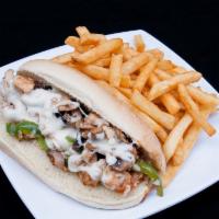 Chicken Sandwich · Breaded white meat chicken covered with tomato onion,green pepper topped with mozzarella che...