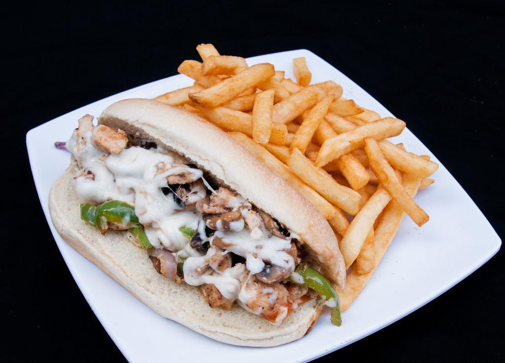 Chicken Sandwich · Breaded white meat chicken covered with tomato onion,green pepper topped with mozzarella cheese.