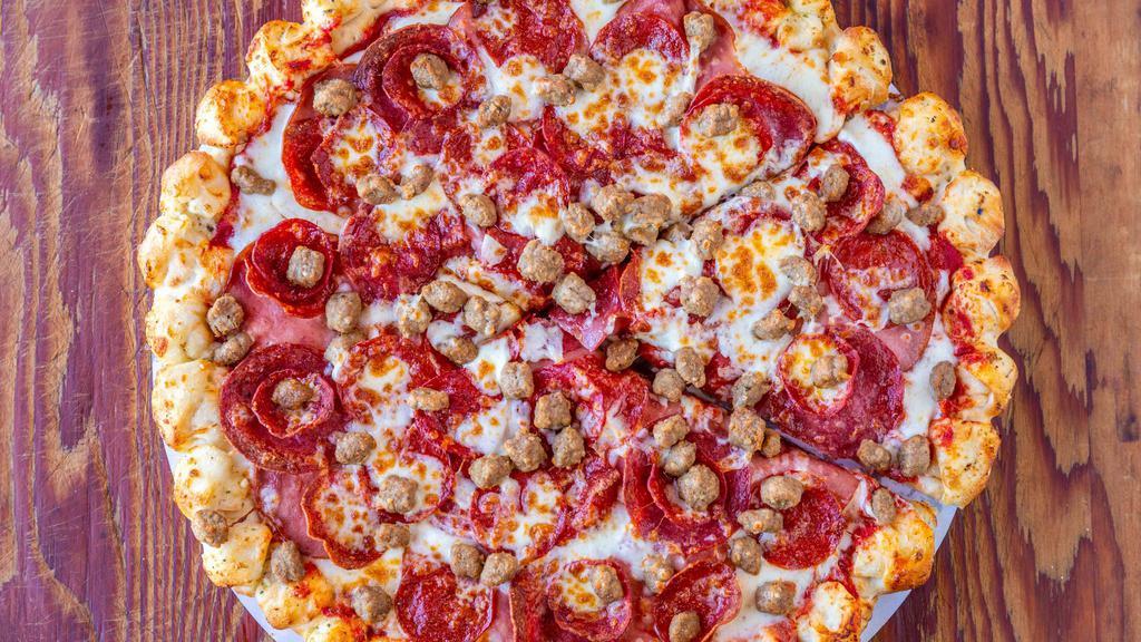 All Meat Pizza (Medium) · Tomato sauce, mozzarella cheese, Canadian bacon, salami, pepperoni, linguica, ground beef, Italian sausage.