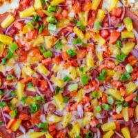 Hawaiian Deluxe Pizza (Small) · Creamy garlic sauce, mozzarella cheese, Canadian bacon, red onions, bacon, tomatoes, pineapp...