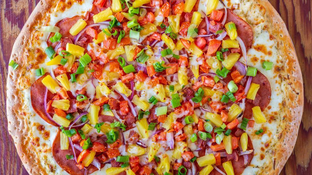 Hawaiian Deluxe Pizza (X-Large) · Creamy garlic sauce, mozzarella cheese, Canadian bacon, red onions, bacon, tomatoes, pineapples, fresh green onions.