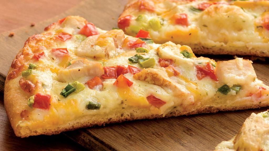 Chicken Garlic Pizza (Small) · Creamy garlic sauce, mozzarella cheese, mushrooms, diced chicken, red onions, fresh green onions.