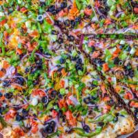 Vegetarian Pizza (Medium) · Tomato sauce, mozzarella cheese, mushrooms, bell peppers, red onions, black olives, tomatoes.
