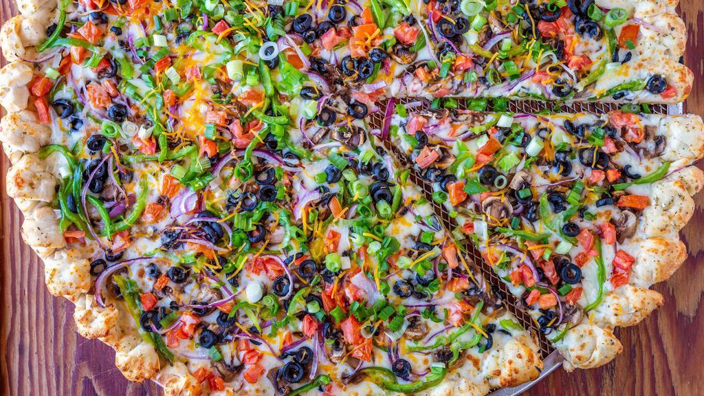 Vegetarian Pizza (Large) · Tomato sauce, mozzarella cheese, mushrooms, bell peppers, red onions, black olives, tomatoes.