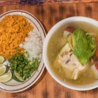 Chicken · Soup with side of rice.