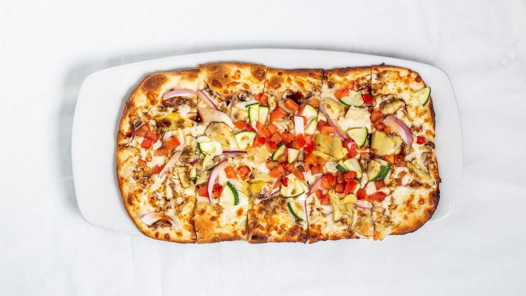 Roasted Veggie · Brushed with our garlic olive oil sauce, topped with Mozzarella, zucchini, tomato, red onion, artichoke hearts, and roasted garlic. Drizzled with our sweet balsamic glaze.
