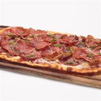Charcuterie Flatbread · pizza sauce, mozzarella, genoa salami, soppressata, pepperoni, pancetta, parmesan and green ...