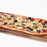 Italian Sausage (Speedway) Flatbread · Homemade pizza sauce topped with mozzarella cheese, Italian sausage, green pepper and black ...