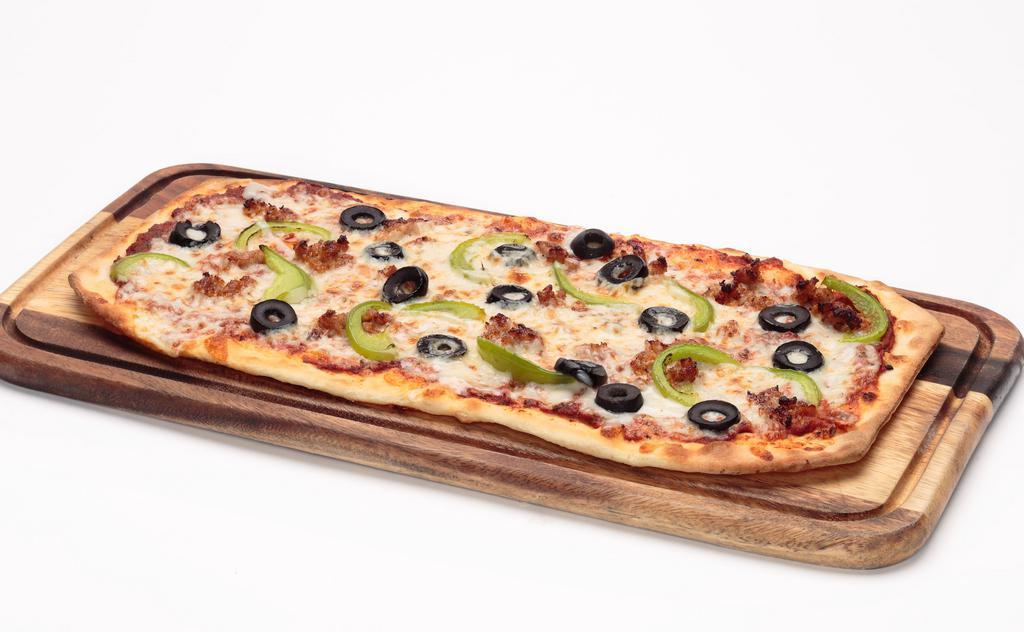 Italian Sausage Flatbread (Speedway) · Our homemade pizza sauce topped with Mozzarella cheese, Italian sausage, green bell peppers and black olives.