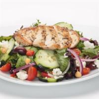 Mediterranean Delight Salad · Spring mix blend topped with herb marinated all-natural chicken breast, garbanzo beans, slic...