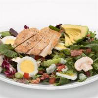 California Cobb Salad · Spring mix blend layered with all natural grilled chicken breast, gorgonzola cheese, avocado...