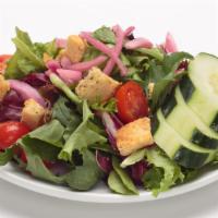 Oggi’S Garden Salad · Spring mix blend topped with fresh cucumber, pickled red onions, cherry tomatoes and homemad...