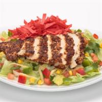 Blackened Santa Fe Chicken Salad · Spicy. Chopped iceberg lettuce tossed with sweet corn, red bell peppers, green onions, tomat...