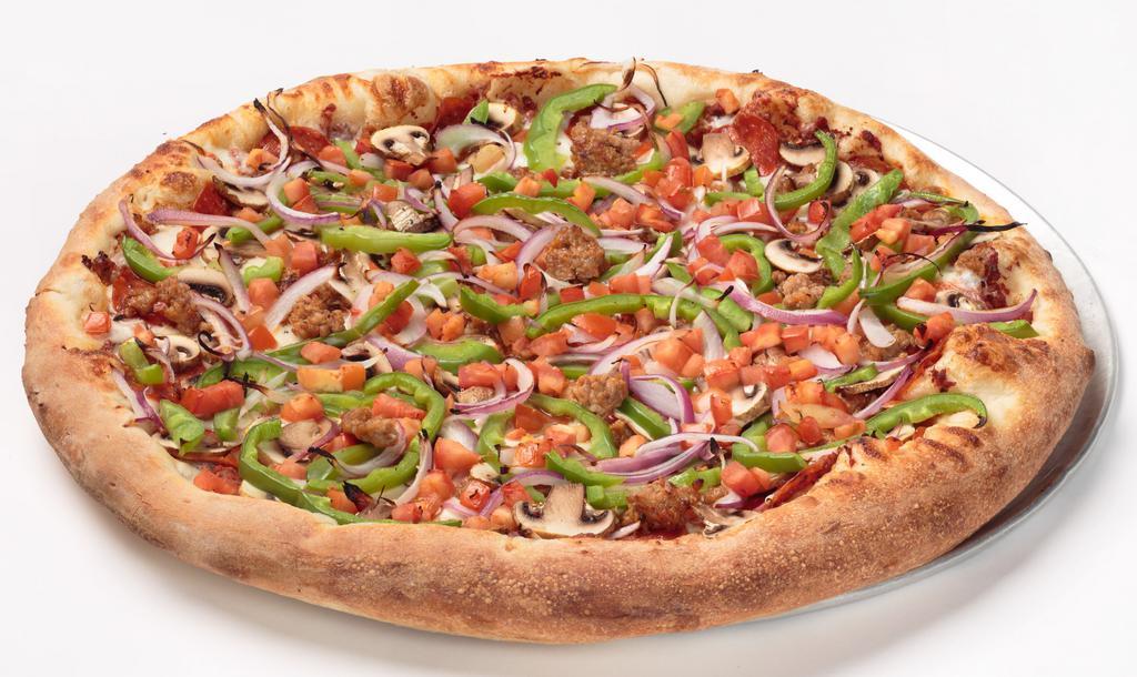 Oggi’S Special (The Works) · Homemade pizza sauce, pepperoni, Italian sausage, mushrooms, red onions, green bell peppers, and fresh chopped tomatoes.