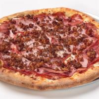 The Heavyweight (Meat) (Medium 12”) (6) · Homemade pizza sauce, Canadian bacon, ground beef, crumbled Italian sausage, pepperoni, sala...