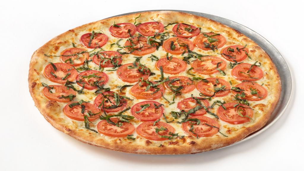 Margherita Classico (Large 14”) (8) · Our homemade thin crust dough brushed with our garlic olive oil sauce, topped with fresh basil, roma tomatoes and fresh garlic.