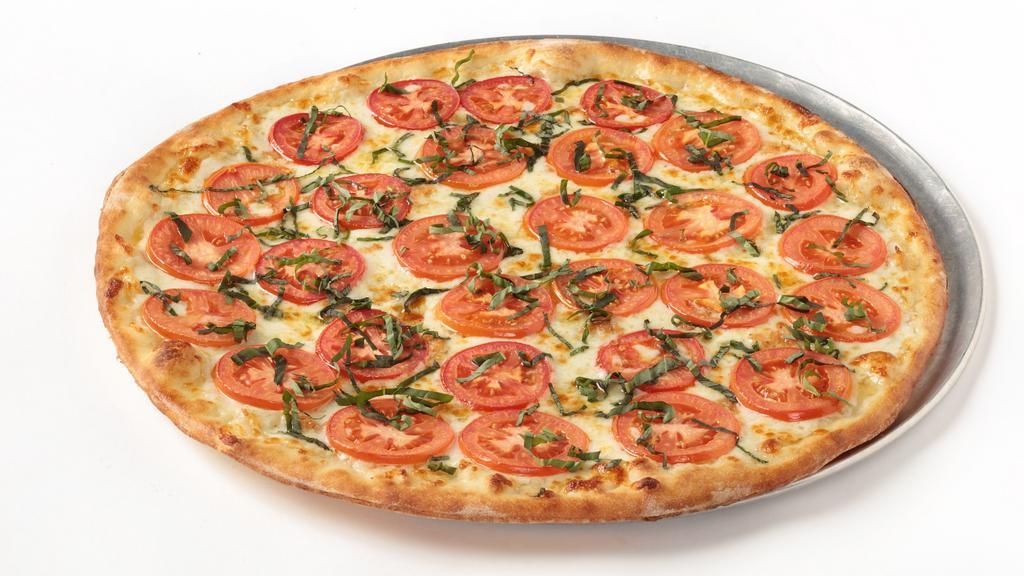 Margherita Classico (Small 10”) (4) · Our homemade thin crust dough brushed with our garlic olive oil sauce, topped with fresh basil, roma tomatoes and fresh garlic.