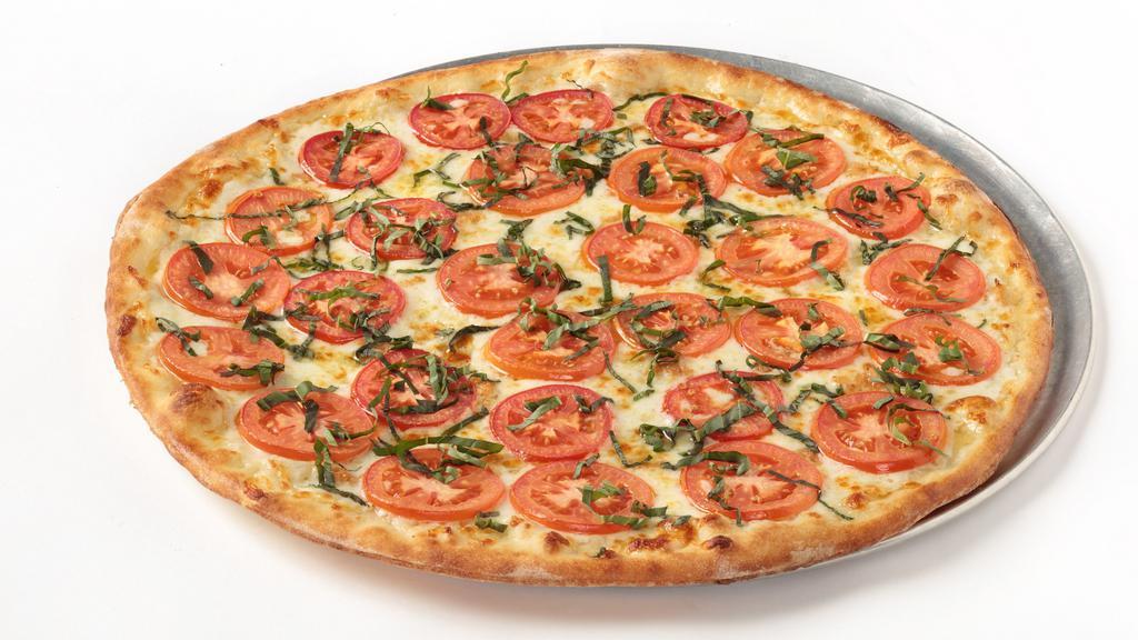 Margherita Classico (Medium 12”) (6) · Our homemade thin crust dough brushed with our garlic olive oil sauce, topped with fresh basil, roma tomatoes and fresh garlic.