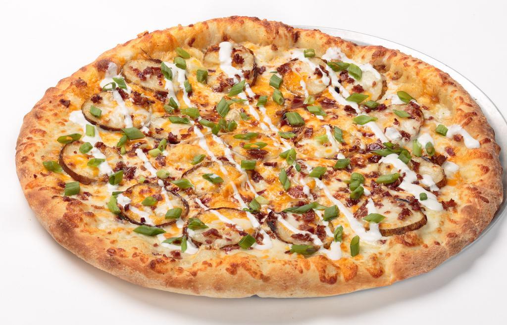 Loaded Baked Potato (Medium 12”) (6) · New. Brushed with our garlic olive oil sauce, loaded up with slices of baked potato, mozzarella and cheddar cheeses, crispy crumbled bacon, and thinly sliced green onions. Finished with a sour cream drizzle.