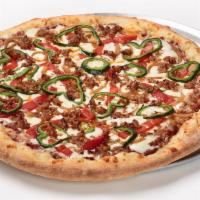 Hot Spicy Sausage (Large 14”) (8) · New. Spicy. Homemade pizza sauce, crumbled Italian sausage, roasted red peppers, poblano pep...
