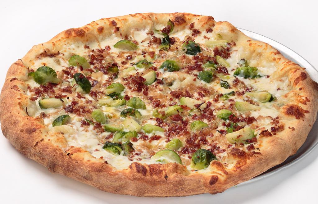 Brussels Sprout (Medium 12”) (6) · New. Brushed with our garlic olive oil sauce, topped with brussels sprouts, blue cheese, crispy bacon bits, and caramelized shallots.