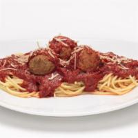 Spaghetti & Meatballs · Spaghetti topped with our homemade Marinara sauce and signature meatballs. Topped with Parme...