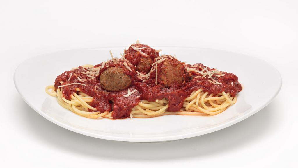 Spaghetti And Meatballs · Choice of spaghetti or whole wheat spaghetti topped with homemade marinara sauce and signature meatballs and topped with Parmesan. Served with an Oggi's garlic knot.