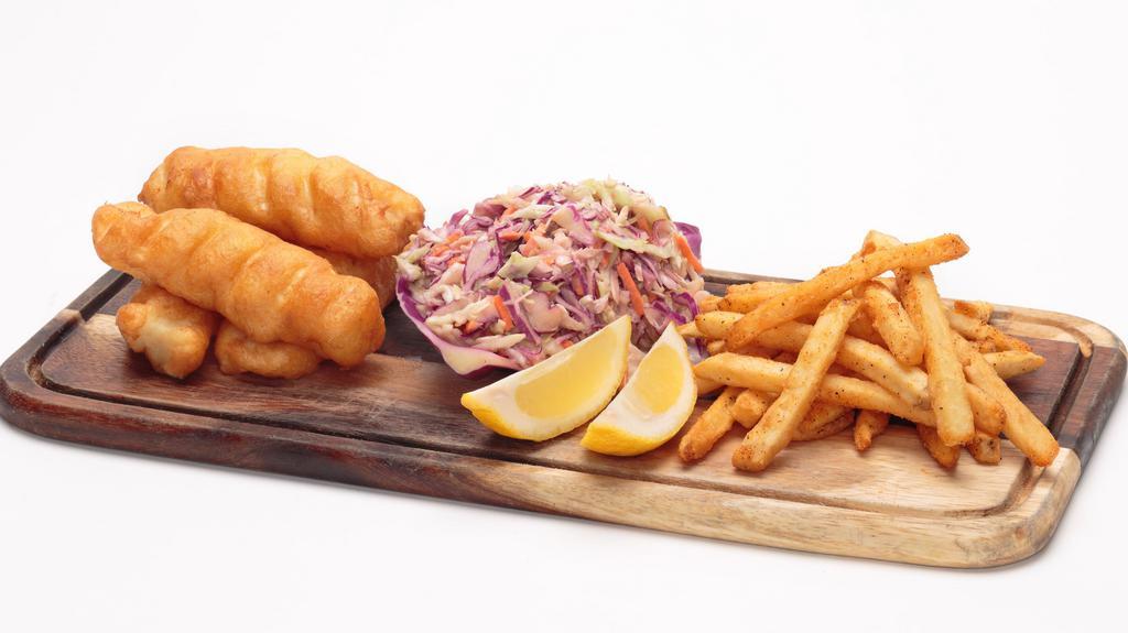 Beer Battered Fish & Chips · Fresh cod fillets, beer battered with our own California gold, and fried to a golden brown. Served with a side of our seasoned fries, homemade coleslaw, and tartar sauce.