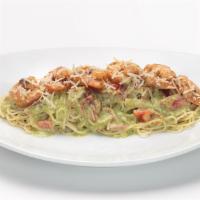 Pesto Shrimp Pasta · New. Angel hair pasta tossed in our homemade creamy pesto sauce with sautéed red bell pepper...