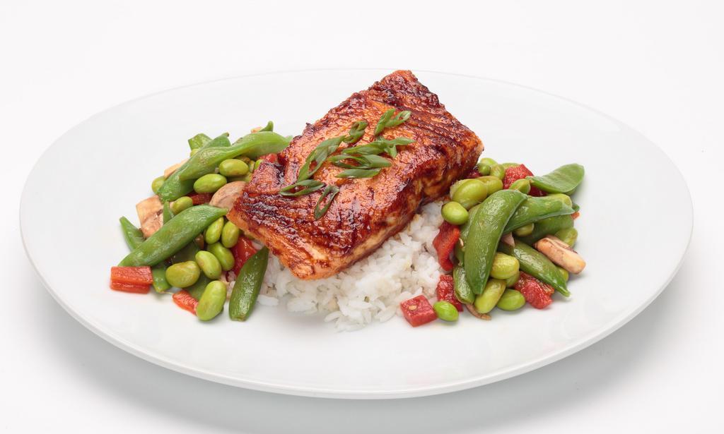 Miso Glazed Salmon  · New. Miso glazed salmon fillet, baked to perfection and served over sticky rice with a warm sesame soy edamame salad. Topped with green onions.