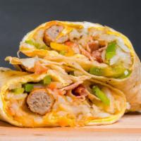 Combo Breakfast Burrito
 · Flour tortilla with scrambled eggs, bacon, sausage, grilled bell peppers, grilled onions, ch...