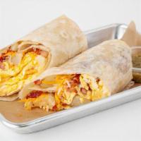 Bacon Breakfast Burrito · Flour tortilla with scrambled eggs, bacon, hash browns and cheddar cheese.
