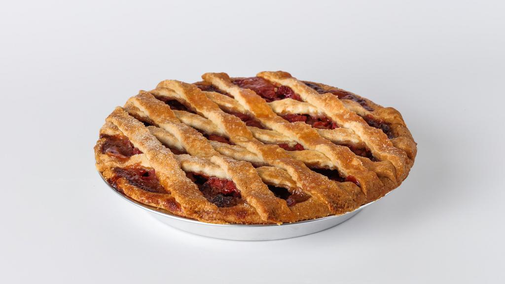 Cherry Pie · A golden latticework top crust reveals the sweet-tart cherry filing, simmered to perfection.
