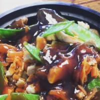 Teriyaki Bowl · Cubed chicken breast, whole grain brown rice, mushrooms, carrots & stringless snow peas, top...