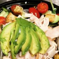 Turkey Greek Salad · Spring mix, Diestel Farms turkey, feta cheese, avocado, cucumbers, tomatoes, Kalamata olives...