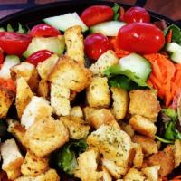 Local Greens Salad · Spring mix, cucumbers, carrots, tomatoes, red onions & house made croutons with house made s...