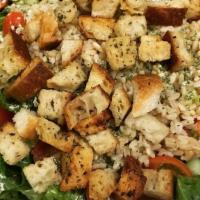 Mediterranean Salad · Romaine lettuce, whole grain brown rice, cucumbers, tomatoes & house made croutons with lemo...