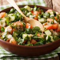 Small Shirazi Salad · Chopped tomatoes, cucumbers, onions and fresh squeezed lemon juice.