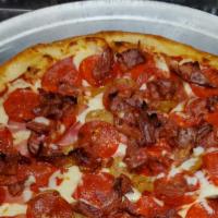 Meat Pizza · Pepperoni, bacon, Italian sausage, ham and mozzarella cheese.