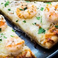 Shrimp Pizza · Shrimp, Cilantro, Garlic Olive Oil Sauce, Mozzarella Cheese