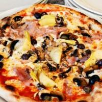 Capricciosa Pizza · Black olives, artichokes, mushrooms, ham.
