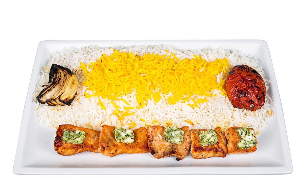 Lemon Butter Salmon Kabob · Six pieces.
Comes with choice of Rice or Salad or Half Rice Half Salad
Includes choice of -  Cucumber Yogurt Sauce or Spicy Yogurt Sauce or Traditional Hummus on the Side
Also Includes Half Pita Bread (4 slices) and Small Lentil Soup