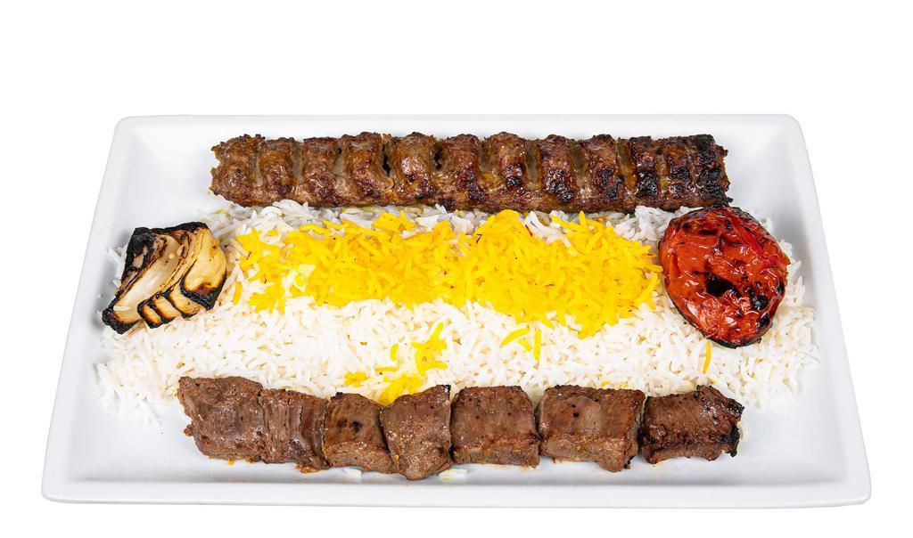 Ground Beef & Steak · One Skewer of Ground Sirloin Beef Kabob and One Skewer of Steak Shish Kabob
Comes with choice of Rice or Salad or Half Rice Half Salad
Includes choice of -  Cucumber Yogurt Sauce or Spicy Yogurt Sauce or Traditional Hummus on the Side
Also Includes Half Pita Bread (4 slices) and Small Lentil Soup